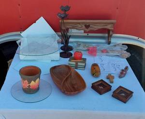 lot 50 image: Variety of Small Home Decor Items - Small Framed Shells, Carved Double Bowl, Planter, Small Shoe, Small Carved Wood Shoe and More