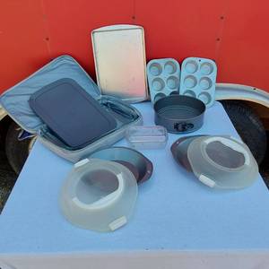 lot 56 image: Vintage Cow Butter Dish, Muffin Tins, Cake Pan and More