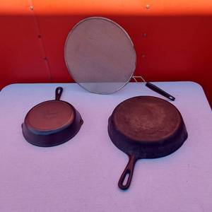 lot 68 image: Lodge 5SK Cast Iron Skillet, Unmarked Skillet and Frying Accessory