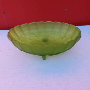 lot 76 image: Mid-Century Frosted Green Indiana Glass Grape Harvest Pattern Footed Oval Fruit Bowl