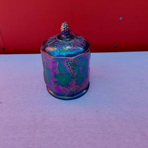 lot 78 image: Indiana Carnival Glass Vintage Harvest Grape Blue Iridescent Canister