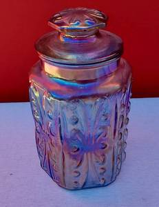 lot 79 image: Carnival Glass Purple Iridescent Embossed Canister Rainbow Cookie Jar Vintage
