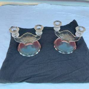 lot 104 image: 1920s Set of Two Federal Fan Depression Glass Candle Holders Vintage Mantel Decor Table Centerpiece Antique Federal Fan Elegant Decor