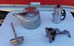 lot 115 image: Griswold cast aluminum tea kettle, Wear-Ever Percolator and Others