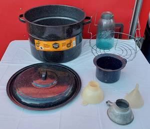 lot 184 image: Water Bath Canner, Funnels, Vintage Ball Jar