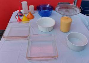 lot 185 image: Baking Dishes, Cake Stand, Funnels