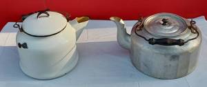 lot 206 image: White Enamelware and Aluminum Tea or Coffee Kettle