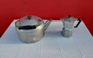 lot 207 image: Junior Express Mocha Pot and Aluminum Tea or Coffee Kettle