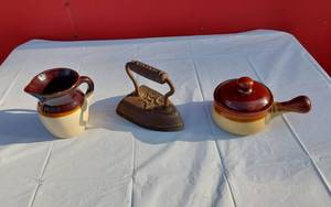 lot 209 image: Geneva Sad Iron and Small Stoneware Pitcher and Bowl with Handle and Cover