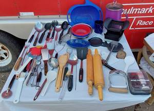 lot 212 image: Huge Lot of Kitchen, Cooking and Baking Utensils Including Rolling Pins, Strainers, Straining Pitcher