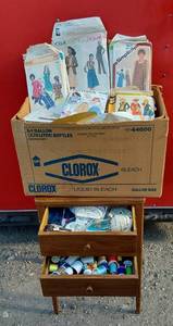 lot 216 image: Sewing Table with Drawers of Thread and Other Sewing Supplies, Huge Selection of Sewing patterns