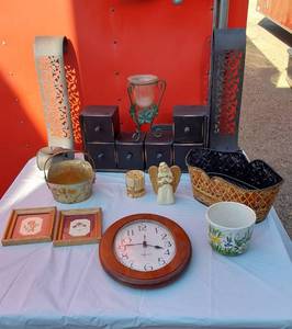 lot 261 image: Clock, Plant Portraits, Candle Sconces, Small Desktop Cabinet, Metal Basket and More