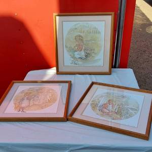 lot 262 image: Lot of 3 Limited Edition Signed Barbara Boyer Untiedt Framed Art Monday Morning, Hollyhock Dolls, Dandelion Time