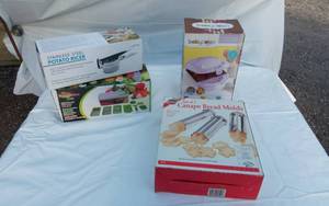 lot 291 image: New in Package Potato Ricer, Canape Bread Molds, Baby Cakes, Nicer Dicer Plus