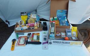 lot 301 image: Assorted Household Supplies including Multi-Purpose Cement, Command Hooks, Tape Dispenser, Candles and Light Bulbs