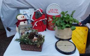 lot 319 image: Christmas Decor featuring Snowman, Bear, and Tin Canister
