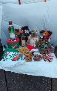 lot 321 image: Assorted Christmas Decorations including Plush Moose Toys, Snowman, Big Mouse, Ribbons, and Baskets