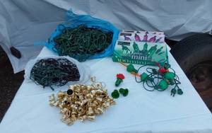 lot 322 image: Holiday Lighting and Decorations Lot including Bubble Lights, 100 Green Mini Lights, 100 Purple Mini Lights, and Assorted String Lights