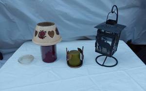 lot 343 image: Decorative Candle Holders and Lantern including Ceramic Shade, Metal Lantern with Deer Design, and Glass Candle Holder