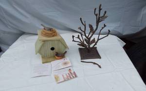 lot 351 image: Marjolein Bastin Birdhouse with Accessories and Metal Tree Sculpture (maybe led or copper its a soft metal and bends easy)