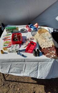 lot 367 image: Assorted household and miscellaneous items including fabrics, salsa mix, weights, tobacco tubes, and small tools