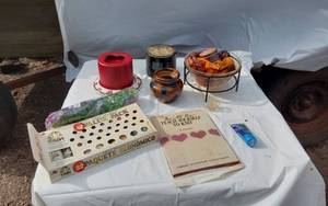 lot 371 image: Assorted Craft and Household Items including Teach Yourself to Knit Book, Paint Set, and Home Decor