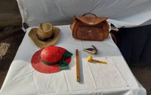 lot 385 image: Straw and Decorative Hats, Leather Purse, Missouri Meerschaum Pipe
