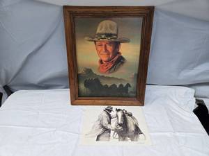 lot 389 image: Framed John Wayne Portrait and Cowboy and His Horse Sketch