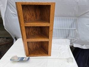 lot 392 image: Oak Corner Shelf, Towel Bar, and Wire Rack