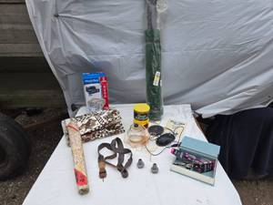 lot 408 image: Assorted Household and Craft Items including Reading Glasses, Fabric Roll, Coffee Can, Storage Bags, and More