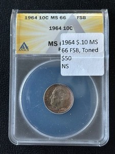lot 62 image: 1964 Roosevelt Dime ANACS MS66 FSB