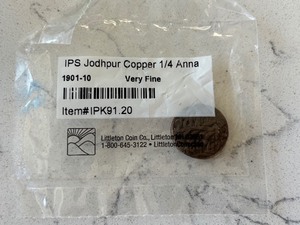 lot 67 image: 1901-1910 IPS Jodhpur Copper 14 Anna VF