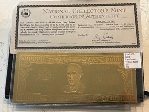 $100,000 Dollar 22K Gold Leaf Tribute Certificate