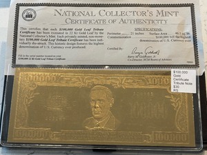 lot 83 image: $100,000 Dollar 22K Gold Leaf Tribute Certificate