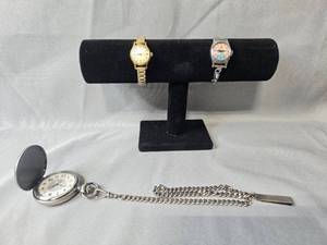 lot 67 image: Group of Vintage Watches Clinton Automatic, Cinderella, and Timex Pocket Watch with Chain - all untested & displays not inc