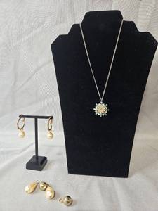 lot 68 image: Costume Jewelry Lot with Pendant Necklace and Gold-Tone Hoop Earrings - displays not inc