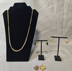 lot 71 image: Gold-Tone Jewelry Collection with Chain Necklace and Assorted Earrings - display not inc