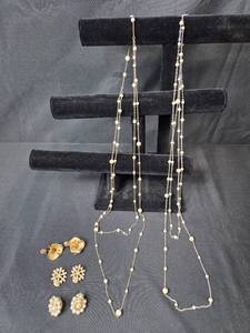 lot 74 image: Vintage Costume Jewelry Lot Clip-On Earrings and Faux Pearl Necklaces - display not inc