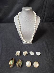 lot 75 image: Vintage Jewelry Lot with White Bead Necklace and Clip-On Earrings - display not inc