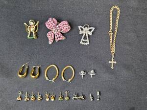 lot 76 image: Sterling Cross Necklace, Assorted Costume Jewelry Lot - Pins, Earrings