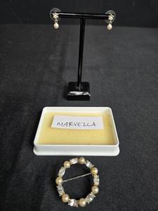 lot 87 image: Marvella Faux Pearl Earrings and Brooch Set - display not inc