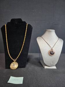 lot 88 image: 1928 Gold Tone Pocket Watch Necklace (untested) and Modern Corded Pendant Necklace - displays not inc