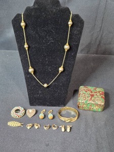 lot 89 image: Monet Hinged Gold Tone Cuff Bracelet in Box & Vintage Jewelry Collection with Beaded Necklace, Pins & Earrings
