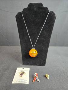 lot 97 image: Pumpkin Pendant Necklace with 3 Assorted Lapel Pins - display not inc