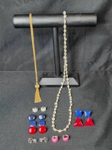 lot 105 image: Vintage Jewelry Lot with Clip-On Earrings, Necklaces, and Avon Swirl Clips - display not inc