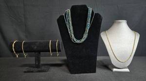 lot 114 image: Four 18K Gold Plate Bracelets & 1 18K Gold Plate Necklaces and Premier Designs Beaded Multi-Strand Necklace - display not inc