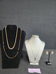 lot 115 image: Faux Pearl Necklace with Sterling Clasp, Four Avon Necklaces w One Matching Silver Tone Necklace and Earring Set & Micro Mosaic Earrings - display not inc