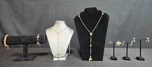 lot 117 image: Collection of Religious Rosaries, Bracelets, and Earrings - displays not inc