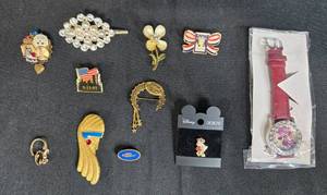lot 119 image: Collection of Vintage Pins and Flower Watch Including Disney Minnie Mouse - untested