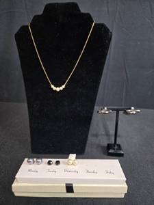 lot 101 image: Jewelry Set with Gold-Tone Pearl Necklace, Assorted Earrings, and Horse Design Cufflinks - display not inc